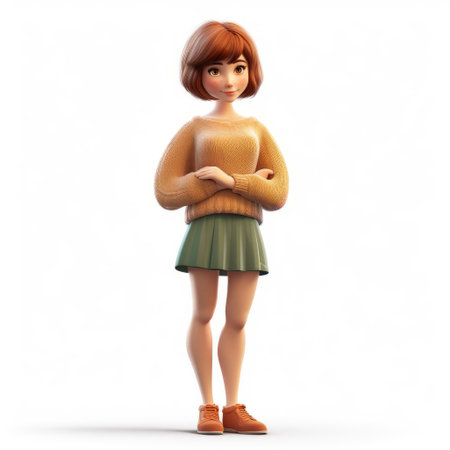 lily, a charming cartoon character, is showcased in this 3d render, wearing a cozy sweater and sporting short hair, posed in a full-body stance against a crisp white background, exuding a playful and youthful vibe, perfect for illustrations, animations, and digital designs. ai generatedの素材