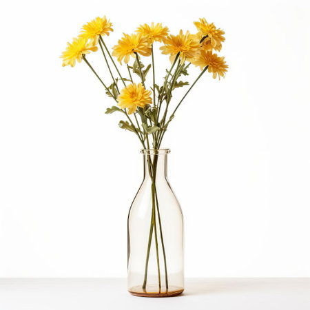 a beautiful bottle vase overflowing with fresh flowers sits isolated on a pristine white background, showcasing a stunning still life arrangement that exudes elegance and simplicity, perfect for home decor inspiration or floral arrangement ideas. ai generatedの素材