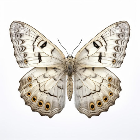 the clouded apollo butterfly, a majestic species of the parnassius genus, is beautifully showcased in this stunning photograph, its delicate wings and intricate markings expertly captured against a pristine white background, highlighting its striking coloration and unique features. ai generatedの素材