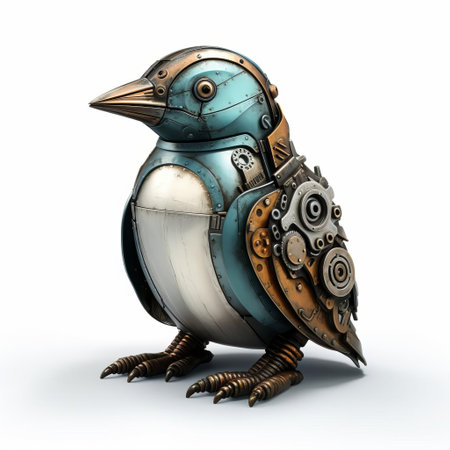 a majestic penguin stands proudly on a pristine white background, showcasing its intricately detailed 3d model with a striking metal texture, perfect for 3d animation, graphic design, and computer-generated imagery projects, highlighting its sleek, modern, and futuristic aesthetic. ai generatedの素材