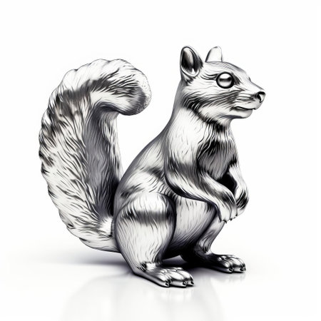 a squirrel 3d model showcases its intricate details with a metallic sheen, posed on a pristine white background, highlighting its realistic fur texture and lifelike expressions, perfect for animation, gaming, and cgi projects requiring high-quality, detailed animal models with industrial metal finishes. ai generatedの素材