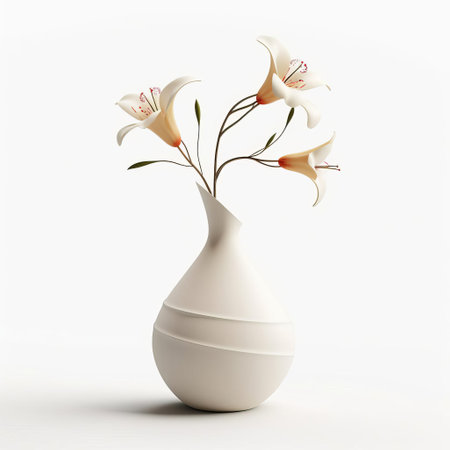 this elegant modern vase is beautifully adorned with a stunning bouquet of fresh flowers, isolated on a crisp white background, creating a serene and minimalist ambiance, perfect for home decor inspiration, floral arrangement ideas, and still life photography. ai generatedの素材