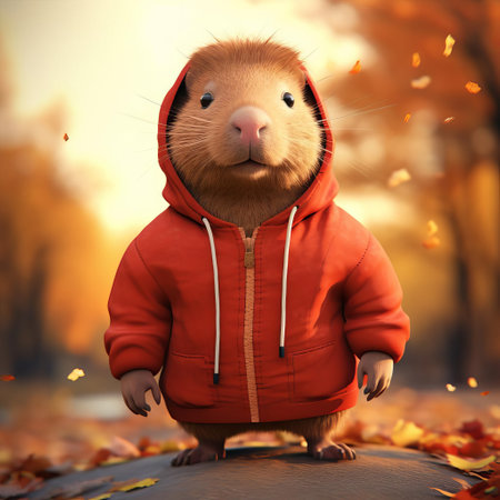 the capybara, dressed in a vibrant orange sweater, sits comfortably on a colorful background, showcasing its adorable whiskers and bright eyes, highlighting the unique charm of this large rodent species, often found in south american wetlands, and its unexpected fashion sense. ai generatedの素材