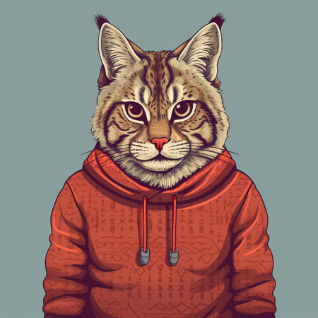 the bobcat, wrapped in a vibrant orange sweater, gazes adorably into the camera, showcasing its whiskers and pointy ears, surrounded by a cozy winter wonderland scene, perfect for animal lovers and fans of quirky wildlife illustrations, featuring felines, winter fashion, and adorable creatures. ai generatedの素材