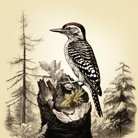 the american three-toed woodpecker stands proudly on a bed of lush moss, its distinctive black and white striped back and red crown a striking contrast to the vibrant green surroundings, showcasing its unique plumage in this stunning line art illustration of a bird in its natural habitat. ai generatedの素材