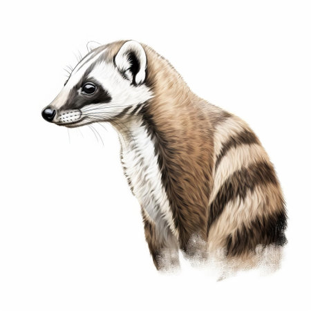 the coati, a curious and agile mammal, is beautifully depicted in a stunning line drawing, showcasing its distinctive white tail with a black tip, as it gazes to the right, set against a crisp white background, highlighting its unique features and striking appearance in a minimalist yet elegant illustration. ai generatedの素材