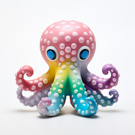 the octopus, a vibrant vinyl toy from superplastic, sits proudly on a pristine white background, its colorful tentacles curled up in a playful pose, showcasing the unique design and bold colors that have made superplastic's art toys a favorite among collectors and enthusiasts alike. ai generatedの素材