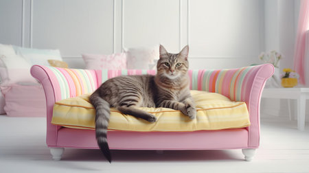 this adorable domestic shorthair cat is having the time of its life, playfully lounging in a vibrant, candy-colored bed with a sleek, light upholstered plywood frame, perfectly blending into a cozy home environment with a clean white background, showcasing the joy of feline relaxation and playful moments in high-definition 4k detail. ai generatedの素材