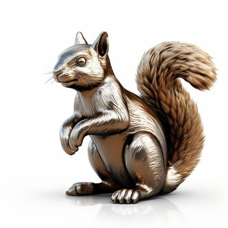 a squirrel 3d model showcases its intricate details with a mesmerizing metal texture, set against a pristine white background, perfect for visualizations, animations, and designs requiring a fusion of nature and industrial elements, ideal for 3d artists, designers, and enthusiasts. ai generatedの素材
