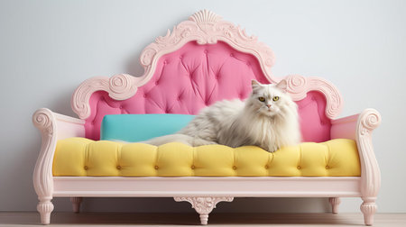 the american curl cat is playfully lounging in a vibrant, candy-colored bed with a stylish light upholstered plywood frame, nestled in a cozy home environment with a low-to-the-ground design, set against a crisp white background, showcasing the feline's adorable features in stunning 4k high-definition detail. ai generatedの素材