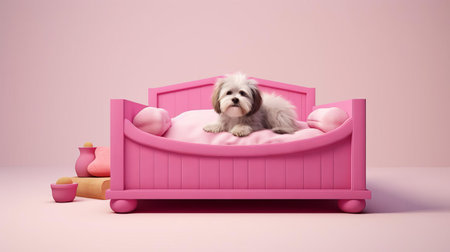this adorable siberian mix puppy is having the time of its life, frolicking in a vibrant, candy-colored bed with a stylish, light upholstered plywood frame, perfectly blending into a cozy home environment with a low-profile design, set against a crisp white background, capturing every detail in stunning 4k high-definition clarity. ai generatedの素材