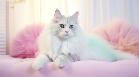 this adorable norwegian forest cat mix is having the time of its life, frolicking in a vibrant, candy-colored bed with a stylish light upholstered plywood frame, set against a crisp white background in a cozy home environment, showcasing its playful personality in stunning 4k high-definition detail. ai generatedの素材