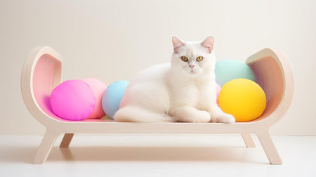 the adorable white cat is playfully lounging on a vibrant, candy-colored bed with a sleek, light upholstered plywood frame, perfectly blending into a serene home environment with a subtle white background, showcasing the intricate details of the feline's fur and the bed's texture in stunning 4k high-definition clarity. ai generatedの素材