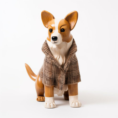 the cardigan welsh corgi, a beloved breed of herding dog, is beautifully showcased in this stunning photograph, featuring a handmade wood figurine of the dog in a full-body pose, set against a crisp white background, highlighting the intricate details of the wooden craftsmanship and the breed's distinctive characteristics. ai generatedの素材