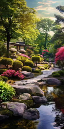"breathtaking landscape scenery stretches as far as the eye can see, showcasing meticulous gardening skills in this stunning real-life photograph, capturing the serene beauty of nature's harmony with human design, perfect for landscape architecture and gardening inspiration.", ai generatedの素材