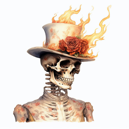 a rococo skeleton, adorned with ornate details, sits proudly on a pristine white background, its head engulfed in fiery flames, evoking a sense of dark satire, reminiscent of beatrix potter's whimsical illustrations, blending the elegance of rococo art with the macabre, creating a hauntingly beautiful visual paradox. ai generatedの素材