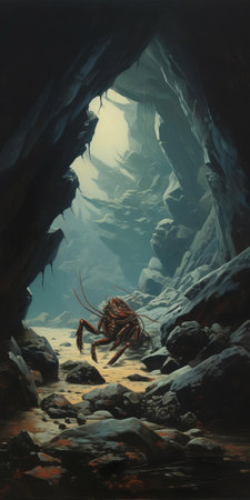 the cave, bathed in warm daylight, serves as a haunting backdrop for a terrifying lobster creature, its menacing claws and piercing eyes evoking a sense of foreboding, in this fantasy illustration by legendary artist frank frazetta, master of dark, gothic, and surreal art. ai generatedの素材