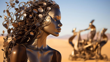 the metal sculpture, "music in the desert," stands majestically, reflecting on her being, surrounded by the serene ambiance of the arid landscape, as if harmonizing with the whispers of the desert wind, evoking a sense of tranquility and introspection, where art meets nature. ai generatedの素材