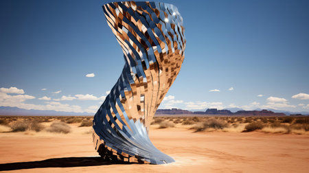 the metal sculpture, a mesmerizing op art masterpiece, stands tall in the desert landscape, its reflective surface mirroring the vast expanse of sand and sky, evoking a sense of introspection and self-discovery, as if contemplating its own existence amidst the harsh yet beautiful environment. ai generatedの素材