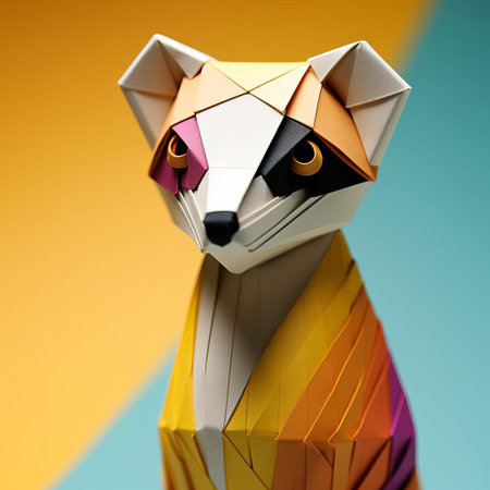 the origami meerkat, crafted with precision and creativity, sits proudly in a minimalist composition, showcasing a consistent color palette and simple shapes that evoke a sense of curiosity and friendliness, perfect for fans of paper art, japanese-inspired design, and whimsical decor. ai generatedの素材