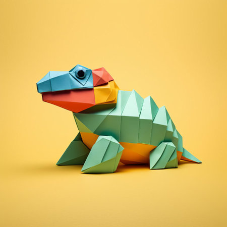 the origami caiman, crafted with precision and creativity, sits serenely amidst a harmonious blend of pastel hues, evoking a sense of curiosity and friendliness, as the minimalist composition's clean lines and simple shapes come together to create a visually striking and whimsical piece of modern art, perfect for fans of paper art and japanese-inspired design. ai generatedの素材