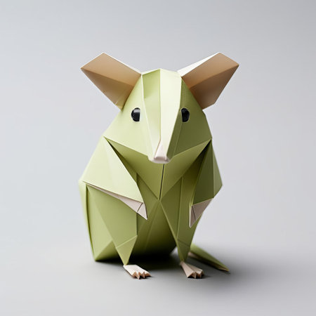 the origami opossum, crafted with precision and creativity, sits amidst a serene backdrop, showcasing a masterful blend of minimalism and whimsy, as the gentle curves and subtle textures evoke a sense of curiosity and friendliness, perfect for fans of paper art, origami animals, and modern design. ai generatedの素材