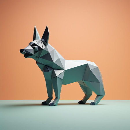 the origami hyena, crafted with precision and creativity, sits proudly in a minimalist composition, showcasing a consistent color palette and simple shapes that evoke a sense of curiosity and friendliness, perfect for fans of paper art, japanese-inspired design, and whimsical decor. ai generatedの素材