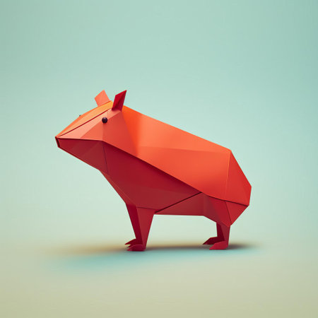 this capybara, crafted from intricately folded paper, sits serenely amidst a soothing backdrop, exuding a sense of curiosity and friendliness, thanks to its minimalist composition, consistent color palette, and simple shapes, making it a delightful addition to any modern art collection or whimsical nursery decor. ai generatedの素材
