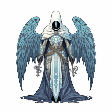 the grim guardian, a powerful vector illustration, stands tall in a full-body pose on a crisp white isolated background, exuding an aura of mystery and strength, perfect for fantasy and mythology-inspired designs, digital art, and graphic novels, evoking a sense of ancient magic and legendary heroes. ai generatedの素材