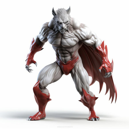 the 3d lycanthrope superhero, standing tall on a pristine white background, showcases its majestic full-body figure, blending mythical werewolf features with iconic superhero elements, perfect for fantasy and comic book-inspired designs, illustrations, and digital art projects, highlighting the fusion of horror and heroism. ai generatedの素材