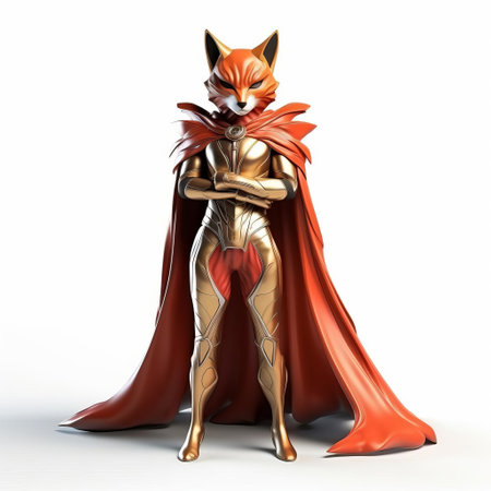 the 3d kitsune, a mythical japanese fox spirit, stands proudly as a superhero, showcasing its vibrant orange and white fur, adorned with a flowing cape and dynamic pose, isolated on a crisp white background, ready to pounce into action, blending japanese folklore with modern superhero flair. ai generatedの素材
