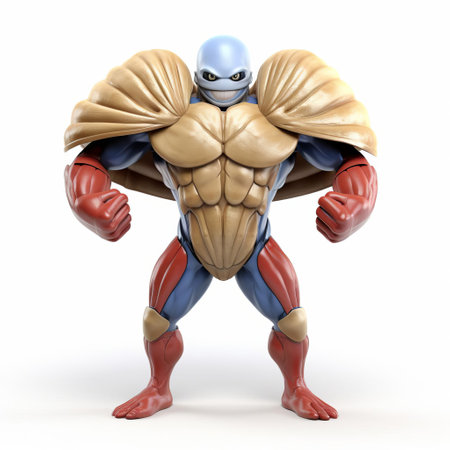 the 3d clam superhero, dressed in a vibrant costume, stands confidently on a pristine white background, its full body pose exuding power and strength, perfect for illustrations, cartoons, and animations requiring a heroic marine creature with a playful twist, ideal for underwater and ocean-themed designs. ai generatedの素材