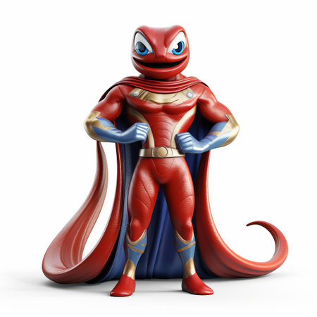 the 3d eel superhero, dressed in a vibrant costume, stands confidently on a pristine white background, its slender body and dynamic pose exuding power and agility, perfect for comic book illustrations, cartoons, or fantasy designs featuring aquatic heroes and underwater adventures. ai generatedの素材