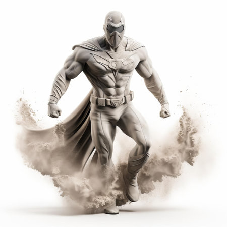 the superhero stands confidently in a powerful pose, surrounded by a dusty, gritty atmosphere, isolated on a clean white background, showcasing its bold and rugged full-body design, perfect for comic book fans and 3d art enthusiasts alike, highlighting its heroic presence. ai generatedの素材