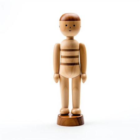 the wooden boy figurine, meticulously handcrafted with precision, stands proudly on a pristine white background, showcasing intricate details and textures, highlighting the artisan's skill in woodworking, perfect for decorative purposes or as a unique gift for kids and woodcraft enthusiasts alike. ai generatedの素材