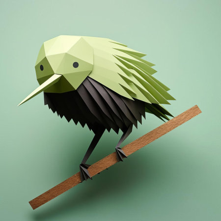 the kiwi paper craft, perched on a tree branch against a wall, showcases a stunning polygon design that adds a touch of whimsy to any room, perfect for nature-inspired home decor, diy enthusiasts, and crafty individuals looking for a unique paper art project. ai generatedの素材
