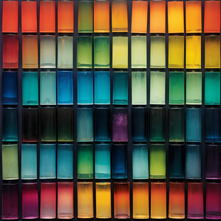 dichroic glass panels, arranged in rows reminiscent of wet plate negatives, showcase a kaleidoscope of colors, juxtaposing simplicity with monochromatic color palettes, layered acrylic washes, and unconventional materials, evoking a sense of dark palette chiaroscuro, while hinting at the nostalgic charm of instax photography, with soft tonal transitions. ai generatedの素材
