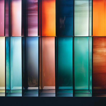the opalescent glass panels, arranged in rows reminiscent of wet plate negatives, showcase a stunning display of simplicity and monochromatic color palettes, evoking the layered acrylic washes and unconventional materials often found in dark palette chiaroscuro photography, with soft tonal transitions akin to instax prints. ai generatedの素材