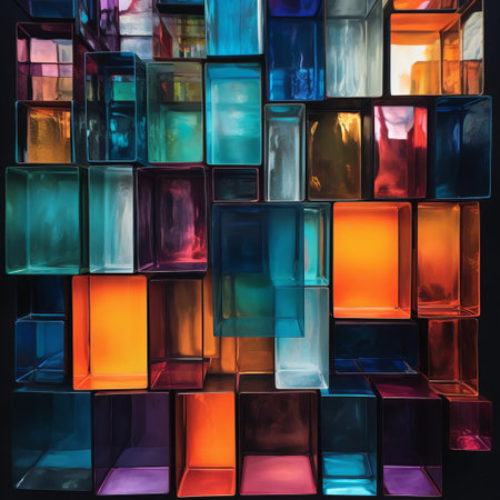 dichroic glass panels, arranged in rows reminiscent of wet plate negatives, showcase a mesmerizing display of simplicity and monochromatic color palettes, evoking the layered acrylic washes and unconventional materials often seen in dark palette chiaroscuro photography, with hints of instax-inspired soft tonal transitions. ai generatedの素材