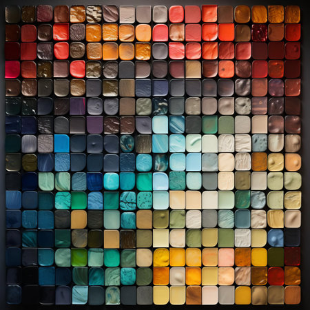 the glass mosaic panels, arranged in rows, evoke a sense of nostalgia reminiscent of wet plate negatives, featuring simplicity and monochromatic color palettes, layered with acrylic washes, and unconventional materials, while incorporating dark palette chiaroscuro, instax-inspired elements, and soft tonal transitions, creating a visually striking art piece. ai generatedの素材