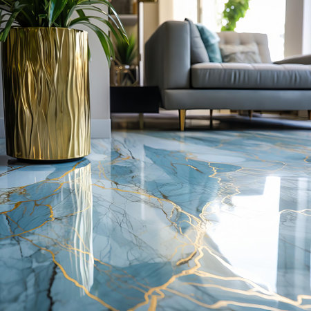 this elegant porcelain tile features a subtle blue color with a sophisticated gold accent, perfect for adding a touch of luxury to any room's decor, from modern bathrooms to sleek kitchen backsplashes, and sophisticated living areas, offering a timeless blend of style and functionality. ai generatedの素材