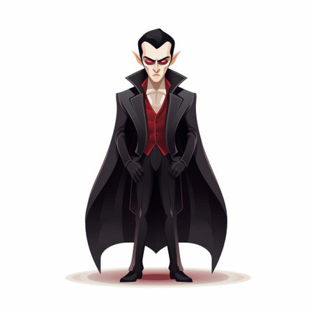 a vampire, depicted in a stunning vector illustration, stands tall in a full-body pose, set against a crisp white isolated background, exuding an air of mystery and darkness, perfect for halloween designs, spooky themes, and gothic-inspired artwork. ai generatedの素材