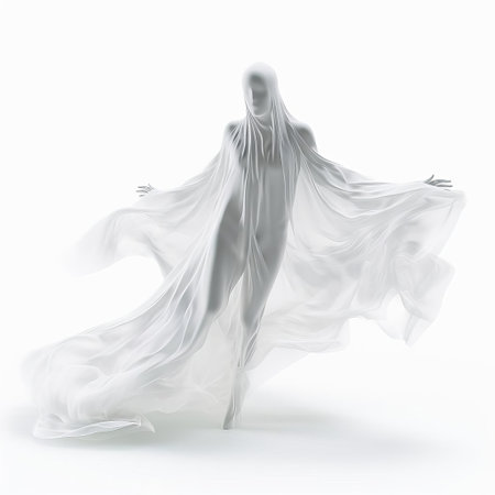 the 3d apparition, a mesmerizing full-body specter, floats eerily on a pristine white isolated background, evoking an otherworldly aura, perfect for supernatural, paranormal, and mystical themed designs, ideal for horror, fantasy, and sci-fi enthusiasts, and digital artists seeking eerie, haunting, and mystical visuals. ai generatedの素材
