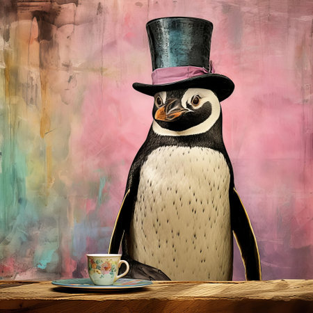 this whimsical penguin, dressed in a top hat, sits elegantly in spain, its paw resting on a table, surrounded by a vibrant, modern, and colorful dada-inspired artwork, blending rough lines with scribbles, showcasing a contemporary masterpiece with various shades of beige and off-white, accented with lavender and pastel blue hues. ai generatedの素材