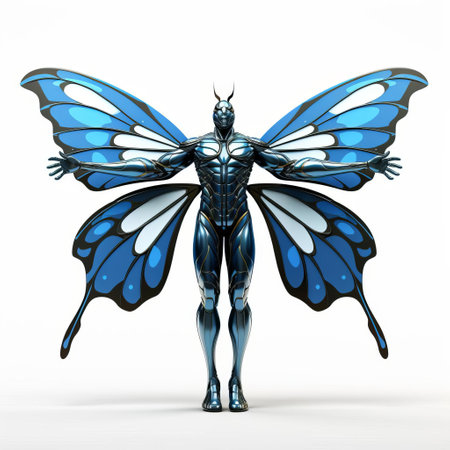 the 3d butterfly superhero, isolated on a pristine white background, spreads its vibrant wings, showcasing its bold and colorful costume, complete with a cape and mask, ready to take flight and save the day, symbolizing transformation, hope, and freedom in a futuristic, fantasy world of superheroes and magic. ai generatedの素材