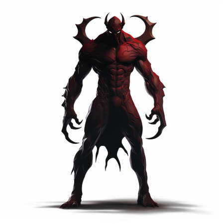 the 3d shadow demon, a menacing creature with glowing red eyes, stands tall in a powerful stance, its dark, shadowy body contrasting starkly against a pristine white isolated background, evoking a sense of mystery and otherworldly power in this high-quality, detailed digital artwork. ai generatedの素材