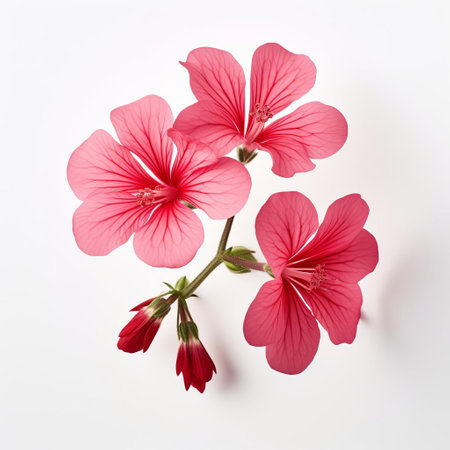 the geranium flower, with its delicate petals and vibrant colors, takes center stage against a crisp, minimal white isolated background, showcasing its intricate details and beauty, perfect for botanical enthusiasts, photographers, and nature lovers alike, highlighting its ornamental value in gardens and floral arrangements. ai generatedの素材