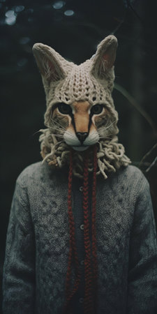 the lynx, adorned with intricately braided hair and clad in cozy knitwear, gazes intensely into the camera lens, its piercing eyes and soft fur a striking contrast in this unique, analog photo portrait, capturing the essence of whimsical wildlife fashion photography. ai generatedの素材