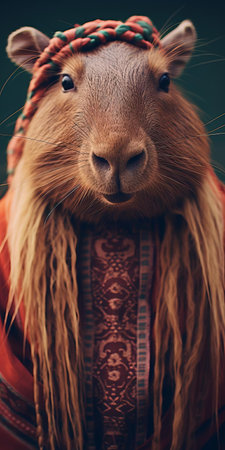 this adorable capybara, adorned with colorful braids and stylish knitwear, poses for an endearing analog photo portrait, showcasing its unique charm and whimsical personality, blending rustic and modern elements in a heartwarming, nostalgic, and utterly instagram-worthy capture of rodent cuteness. ai generatedの素材