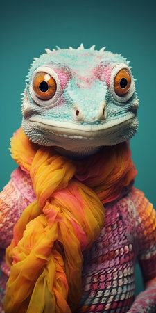 this adorable gecko, sporting trendy braids and cozy knitwear, poses for an intimate analog photo portrait, showcasing its unique personality and quirky charm, blending reptilian elegance with playful, whimsical fashion sense, evoking a sense of fun and adventure in this quirky, offbeat photograph. ai generatedの素材
